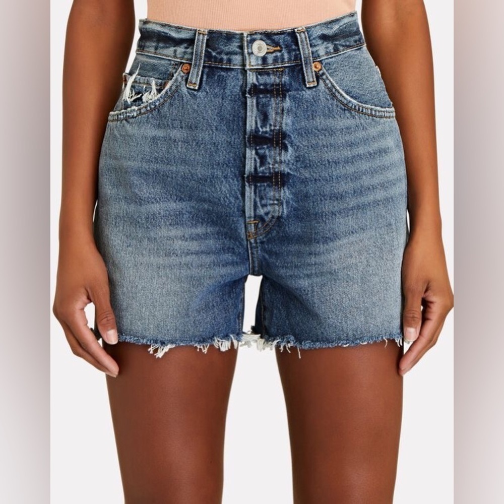 RE/DONE Ultra High Rise Medium Worn 17 Blue 50s Cut-Off Denim Shorts EUC Size 24
